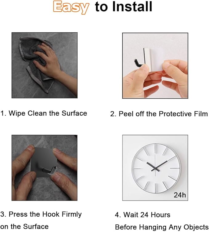 Adhesive Towel Hooks for Bathrooms, 8 Piece Towel Hooks for Hanging Hat Robe Coat, Stick on Hooks for Kitchens, Strong Self-Adhesive No Damage Sticky Hook, Black
