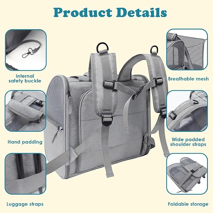 Cat Backpack Carrier, 16.5" Extra Wide Expandable Large Pet Carrier | Backpack for Cats & Small Dogs Up to 20lbs – Foldable with Breathable Mesh, 16.5"x14.9"x9.8" for Hiking & Air Travel (Grey)