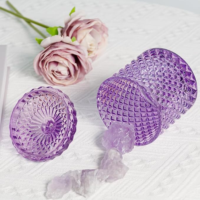 2 Pack Glass Qtip Holder, Apothecary Jars with Lids Bathroom Storage | Purple (10+24oz), Storage for Cotton Swabs, Balls, Pads, Floss Pick, Makeup, Candy & Jewelry, Vanity Organizer for Bathroom