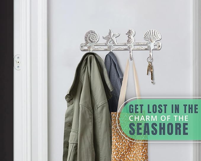 Comfify Antique White Seashell Cast Iron Wall Hook Rack – 4 Hooks, 13.5" | Antique White; 2 seashells + starfish + seahorse; 4"H x 13.5"L; cast iron; includes screws and anchors; coastal decor