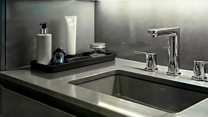 Silicone Sink and Surface Organizer Tray, Sponge Holder, Vanity Tray, Heat Safe, Dishwasher Safe, for Bathroom and Kitchen Organization (Black, 12"x4")
