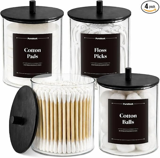 15 oz Glass Qtip Holder with Wood Lids, 4 Pack Apothecary Jars | Small Glass Dispenser Jars with Labels, for Cotton Swabs, Cotton Balls, Pads, Floss Picks, Toothpicks, Vanity Organization