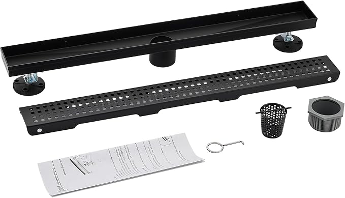 AVSIILE Linear Shower Floor Drain, Matte Black 32 Inch 304 Stainless Steel Bathroom Drains Kit, Long Rectangular Shower Trench Drain with Square Pattern Drain Cover & Hair Catcher