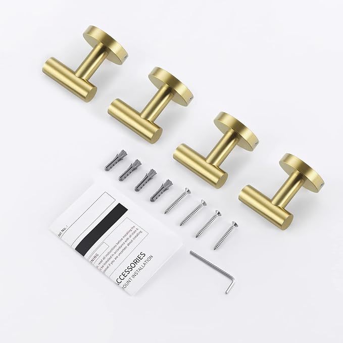 KES Wall Towel Robe Hook for Bathroom Kitchen Hanging Key Hat Coat Hooks SUS304 Stainless Steel Brushed Gold 4 Pack, A2164-BZ-P4