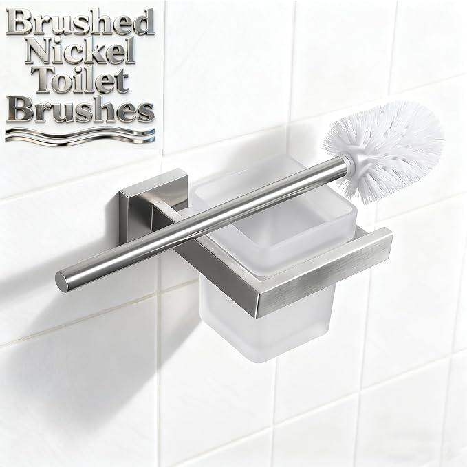 Toilet Brush and Holder Set, NEWRAIN 304 Stainless Steel Wall Mounted Toilet Brush with Long Brush Handle, Brushed Nickel Toilet Scrubber, Glass Canister