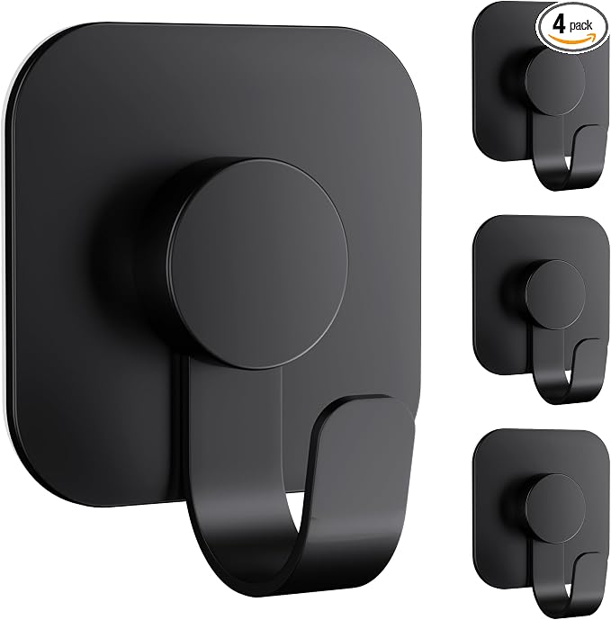 Aikzik 4 Pack Large Heavy Duty Wall Hooks - 26lb Max, Stainless Steel Adhesive Towel Hooks for Hanging Towel, Coat, Robe, Sticky Towel Holder for Wall Mount in Bathroom, Kitchen, Shower, Door - Black