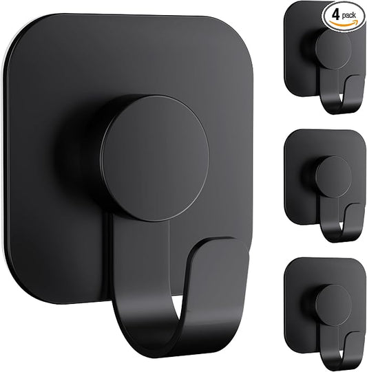 Aikzik 4 Pack Large Heavy Duty Wall Hooks - 26lb Max, Stainless Steel Adhesive Towel Hooks for Hanging Towel, Coat, Robe, Sticky Towel Holder for Wall Mount in Bathroom, Kitchen, Shower, Door - Black