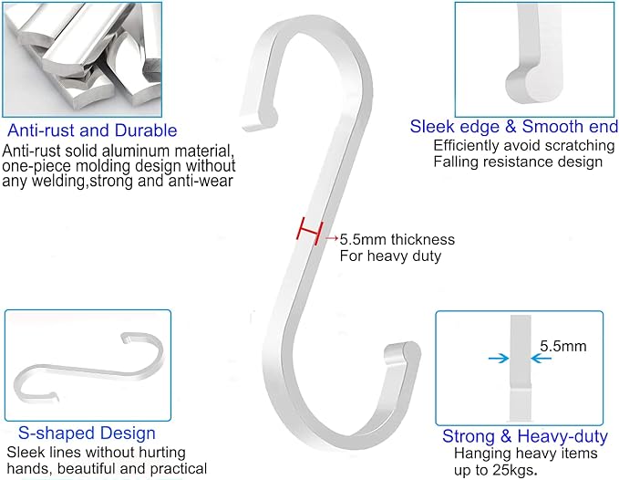 GAViA 10 Pack S Shaped Hooks - Heavy Duty S- Hooks Pan Pot Holder Rack Hanging for Kitchenware Pans, Pots, Cups, Utensils Clothes, Bags, Towels, Plants (White)