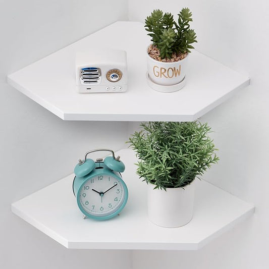 Corner Wall Shelves, Corner Floating Shelves Set of 2 Solid Oak Wood Display Shelf with Wire Hole Small Plant for Kitchen Living Room White,Oak 13.2inch