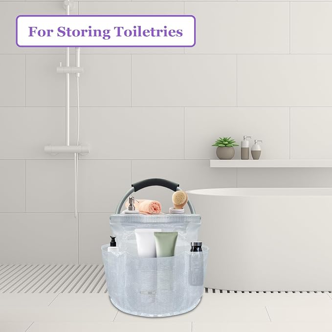 17L Portable Shower Caddy with Handle, Foldable Cleaning Supply Caddy in PVC Resin, Picnic Basket with 6 Side Pockets, Multifunctional Storage Basket for Bathroom, Picnics, Transparent