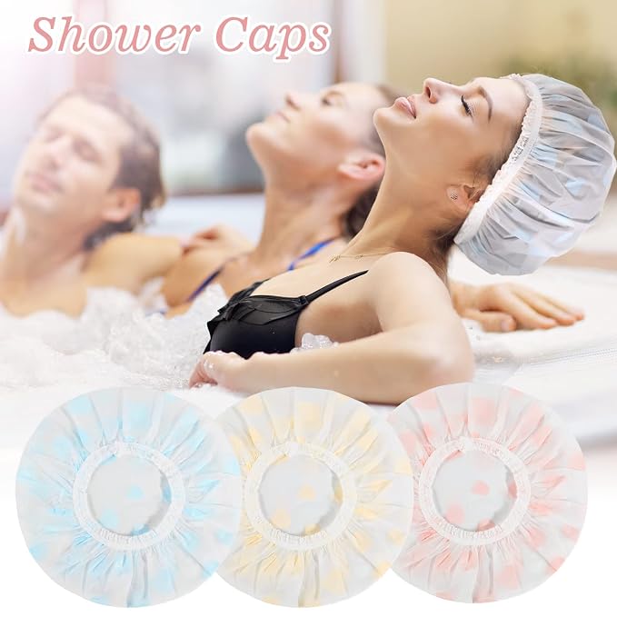 Waterproof Shower Caps, 3 Pcs Plastic Reusable Shower Caps Elastic Band Bath Caps for Women Ladies Spa Salon | Reusable Waterproof, Foldable For Travel, for Shower, Makeup, Cooking, Hair Care