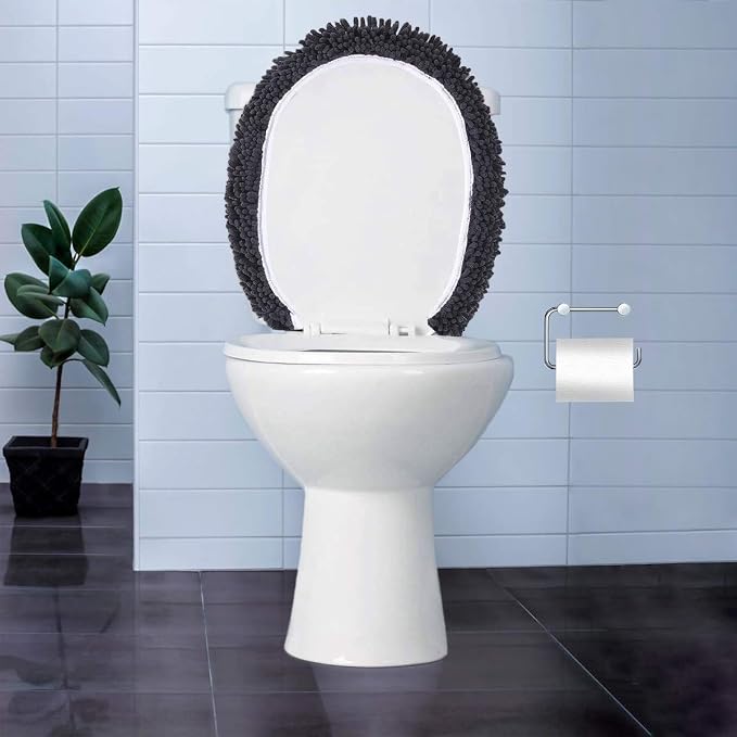 LuxUrux Toilet Lid Cover with Stretch Fit Elastic Band – Chenille Microfiber Toilet Seat Non-Slip Cover for Bathroom – Soft Plush, Machine Wash And Dry, Comfort & Clean Look (18 x 21'', Charcoal)