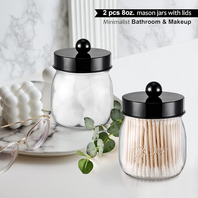 SheeChung 4 Pack Acrylic Mason Jar Qtip Holder Dispenser with Labels, Black | Small Plastic Apothecary Jars,Vanity Canisters for Cotton Swabs,Balls,Floss Picks,Bathroom Storage Organizers,Farmhouse Decor