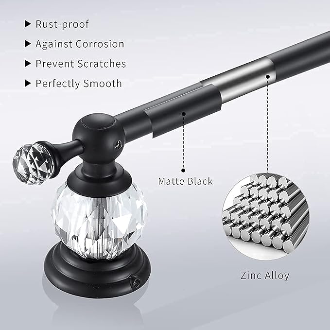 WINCASE Crystal Towel Bar, Black Adjustable Towel Rack, Single Hand Towel Holder Bathroom Shower Towel Rail Rod Modern Luxury Wall Mount Matte Black