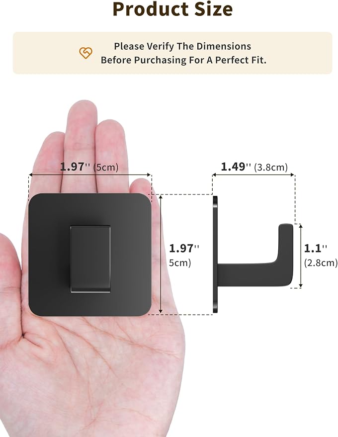 GWAAZXGZ Square Self Adhesive Towel Hooks - 2 Pack Matte Black Metal Hooks, Right-Angle Design for Towels, Robes & Hats, Organize Bathroom, Kitchen, Entryway, Doors, Cabinets on Smooth Surfaces