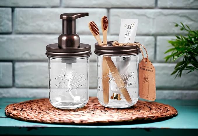 Sheechung Mason Jar Toothbrush Holders, Glass Toothbrush Holders for Bathrooms, Electric Toothbrush Toothpaste Holder Bronze, Bathroom Organizers and Storage, Bathroom Essential, Farmhouse Decor, 2Pcs