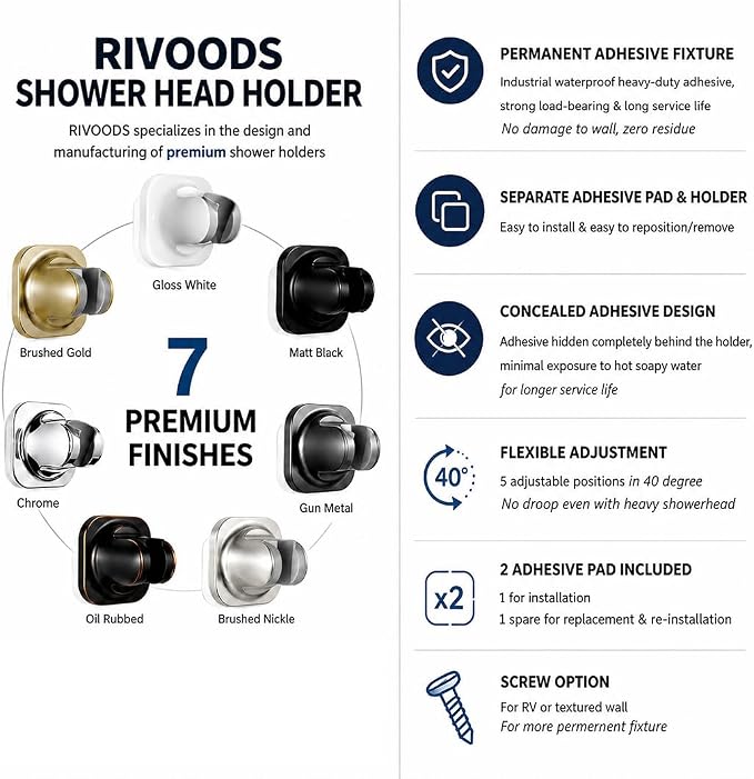 Handheld Shower Head Holder - 5 Angles Adjustable - Concealed Adhesive Mount with Screw Option - Wall Mount Shower Hose Holder (Brushed Nickle)