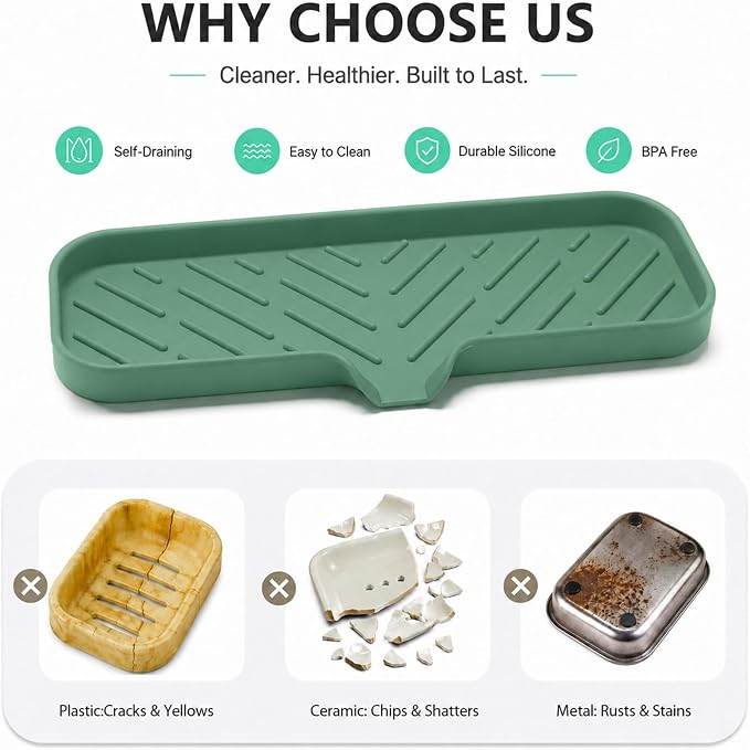 MicoYang Silicone Soap Dish with Drain Spout — Self-Draining Double Sink Organizer Tray for Kitchen & Bathroom, Dispensers, Sponges & Soap Holder, Non-Slip & Dishwasher Safe, Green (Large, 12"×4")