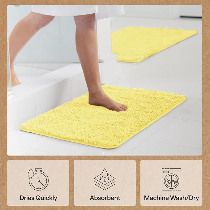 GORILLA GRIP Bath Rug Mat for Bathroom, Absorbent Chenille, 36x24 Yellow | Soft Thick Quick Dry Microfiber Mats, Rubber Backing, Machine Washable Tub and Shower Floor Rugs, Home Decor Essentials