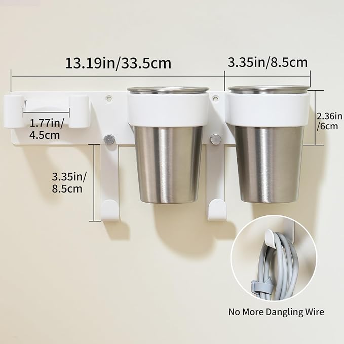 Hot Tools Organizer, Hair Tool Organizer Wall Mount Aluminum Alloy, Space-Saving Curling Iron Holder for Vanity & Bathroom with Stainless Steel Cups White CHOCHOYAH