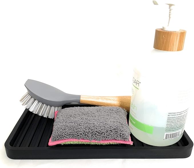 Silicone Sink and Surface Organizer Tray, Sponge Holder, Vanity Tray, Trivet, Heat Safe, Dishwasher Safe, for Bathroom and Kitchen Organization (Black, 10"x5.25")
