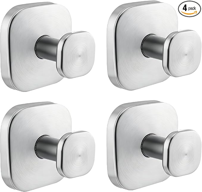 Suction Cup Hooks for Shower, Stainless Steel Suction Hooks No Drilling, Heavy Duty Waterproof Towel Hooks for Bathroom Kitchen Towel Robe Loofah, Glass Tile Mirror (4 Pack Silver)