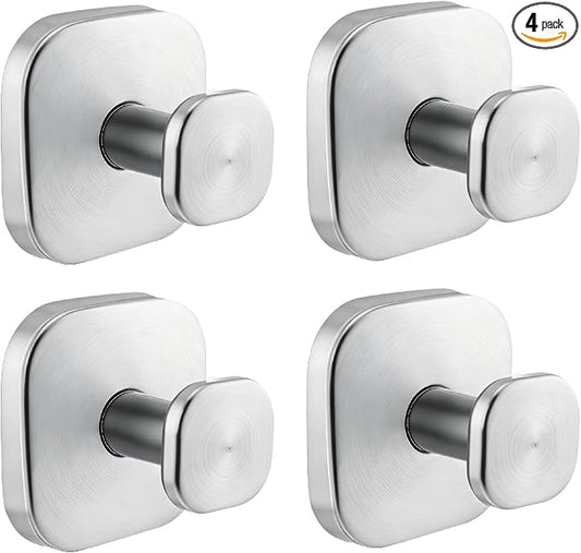 Suction Cup Hooks for Shower, Stainless Steel Suction Hooks No Drilling, Heavy Duty Waterproof Towel Hooks for Bathroom Kitchen Towel Robe Loofah, Glass Tile Mirror (4 Pack Silver)