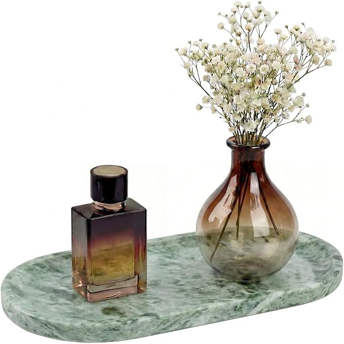 YKAJO Cloud Jade Oval Marble Tray, 11.8x5.9 Vanity Perfume Organizer Dish | Honed natural stone; jewelry & trinket dish, ring & key holder, soap & candle catchall; bath counter, dresser, coffee table