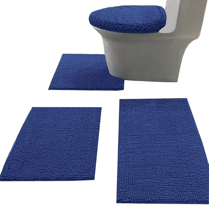 Madeals Bath Rug Set Combo 4 Piece with Toilet Lid Cover, Soft Shaggy Bath Rug Set 3 Piece and U-Shaped Toilet Floor Rug Navy Blue
