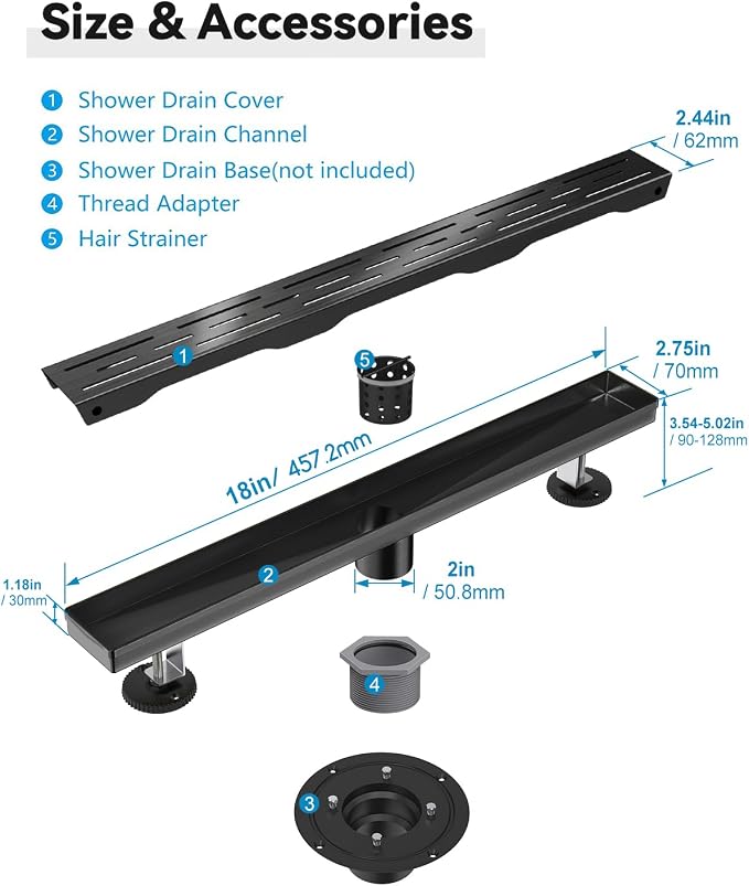Shower Drain Stainless Steel for Bathroom: Black Linear Shower Drain 18 Inch with Removable Brick Pattern Grate - Adjustable Rectangular Shower Floor Drain with Hair Strainer (Matte Black)