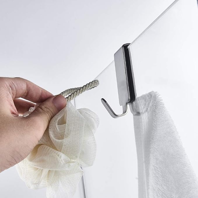 Double Hooks for Glass Shower Door, Towel Hooks Over The Bathroom Glass Wall 0.31-0.39in, Stainless Steel, Brushed,2 Pack.