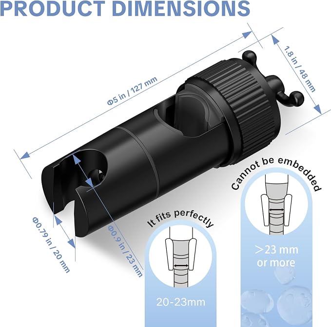 OFFO Shower Head Holder, Adjustable Handheld Shower Head Holder with 2 Hooks for 0.79-0.9 in Shower Hose, 360 Degree Rotation Shower Handle Holder for 0.63-1.1 in O.D. Shower Slide Bar, Matte Black