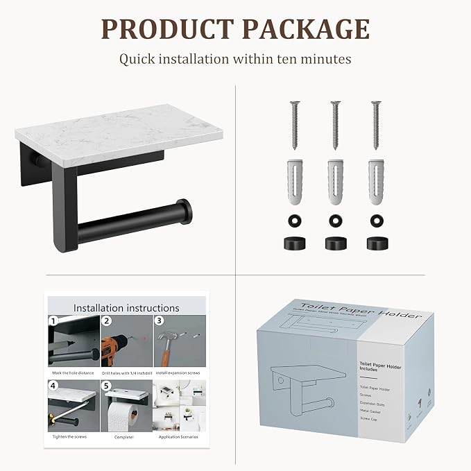 BWE Matte Black Toilet Paper Holder with Marble Shelf, Toilet Paper Roll Holder Wall Mounted, Toilet Paper Roll Holder with Phone Shelf 304 Stainless Steel Tissue Holder for Bathroom Washroom