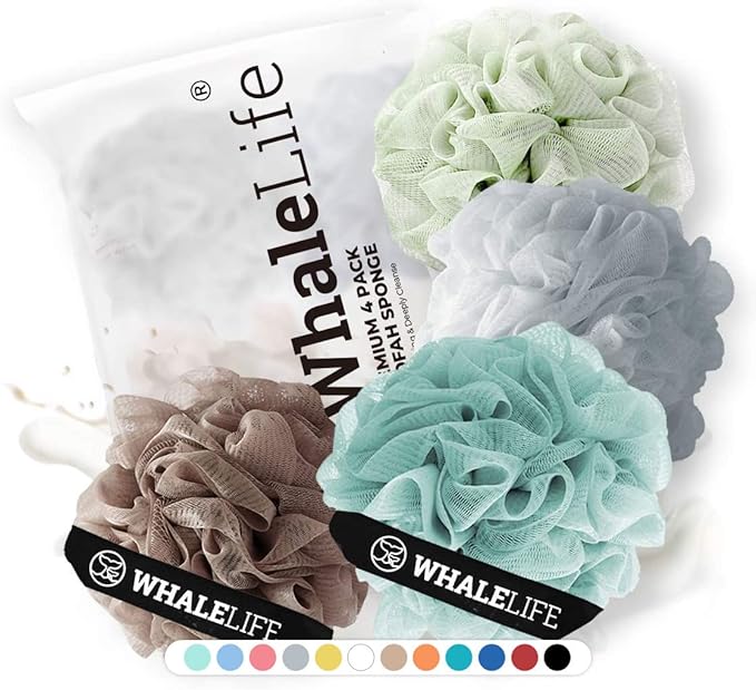 Loofah Sponge Bath Sponge for Women Men 4 Pack (Borwn Blue Gray Green) | 10X Suds Save Body Wash Double Knotted Anti Tear Core Fast Dry Cotton Loop Stay Fresh Large Mesh for Sensitive Skin
