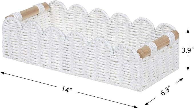 CubesLand Bathroom Basket Organizer, Toilet Tank Paper Storage Baskets 2-Pack, Scalloped Decorative Basket for Countertop w/Handle, Wicker Basket for Bathroom Decor, Home Decor, Living Room, White