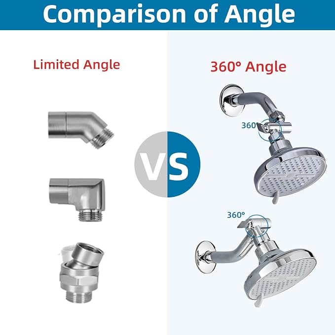 Metal Shower Head Elbow Adapter, 360 ° Adjustable Swivel Brass Showerhead Adapter Brushed Silver