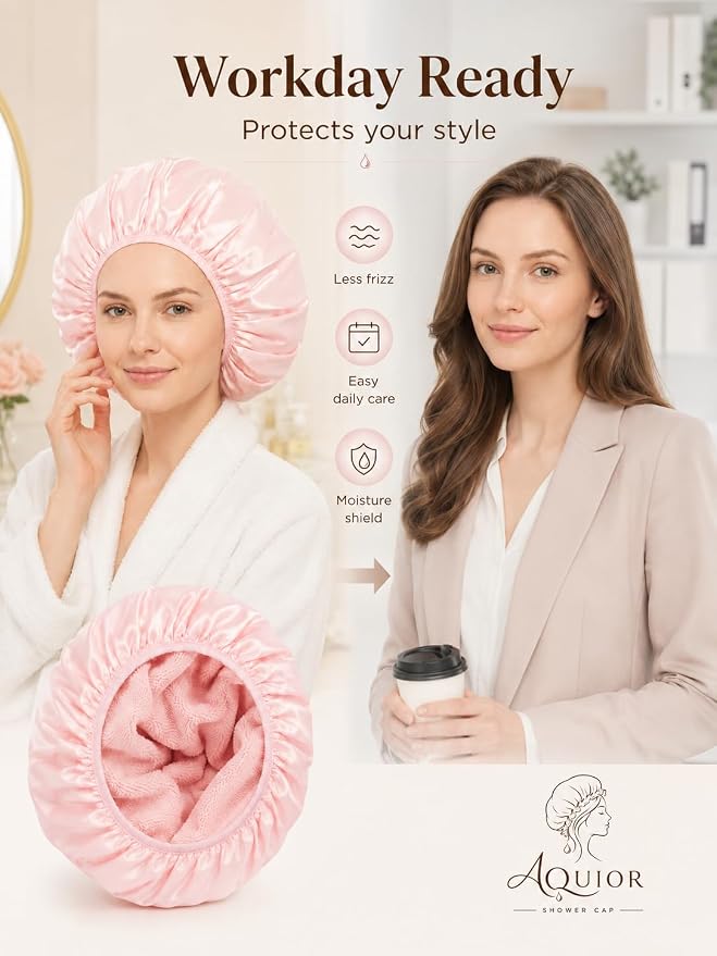 Aquior Shower Cap,Triple Layer Shower Cap for Women, Reusable Waterproof Bath Cap,Silky Satin Outer Layer Terry Lining, Extra Large for Women Long Hair(Pink)