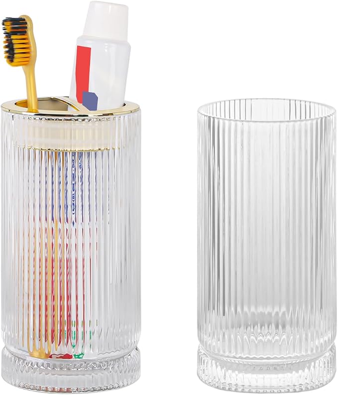 Toothbrush Holders for Bathrooms, 2pcs Clea Glass Toothbrush Holder and 14oz Bathroom Tumbler, Gold Tooth Brush and Toothpaste Holder Organizer Cup for Bathroom Vanity Countertop Decor