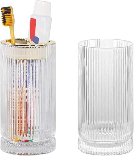 Toothbrush Holders for Bathrooms, 2pcs Clea Glass Toothbrush Holder and 14oz Bathroom Tumbler, Gold Tooth Brush and Toothpaste Holder Organizer Cup for Bathroom Vanity Countertop Decor