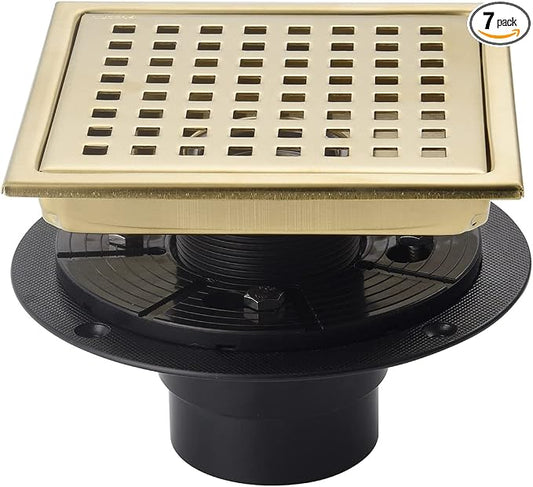 6 Inch Shower Drain Brushed Gold with Adjustable Shower Drain Base Flange SUS304 Stainless Steel Floor Drain Cover Removable Mesh Grille