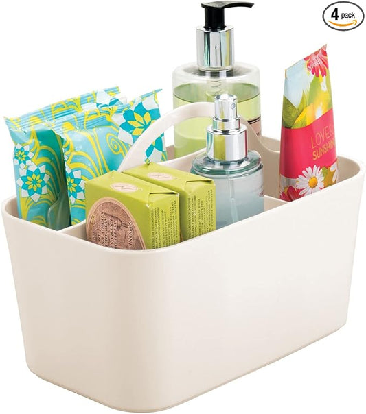 mDesign Small Plastic Shower/Bath Storage Organizer Caddy Tote with Handle for Dorm, Shelf, Cabinet - Hold Soap, Shampoo, Conditioner, Combs, Brushes, Lumiere Collection, Cream/Beige