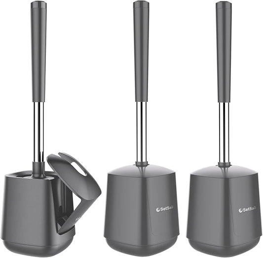 SetSail Toilet Brush and Holder 3 Pack, Self Closing Lid Toilet Bowl Brushes Holder Extra Long Handle Ventilated Toilet Brush Set for Bathroom Cleaning, Nylon Bristles, Grey