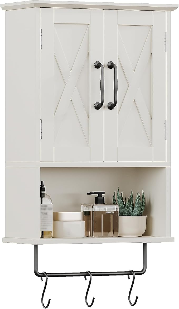 ChooChoo Farmhouse Medicine Cabinet, Bathroom Wall Cabinet with Adjustable Shelf, Towel Bar, 3 Hooks, Over The Toilet Storage Cabinet for Bathroom, Kitchen, White
