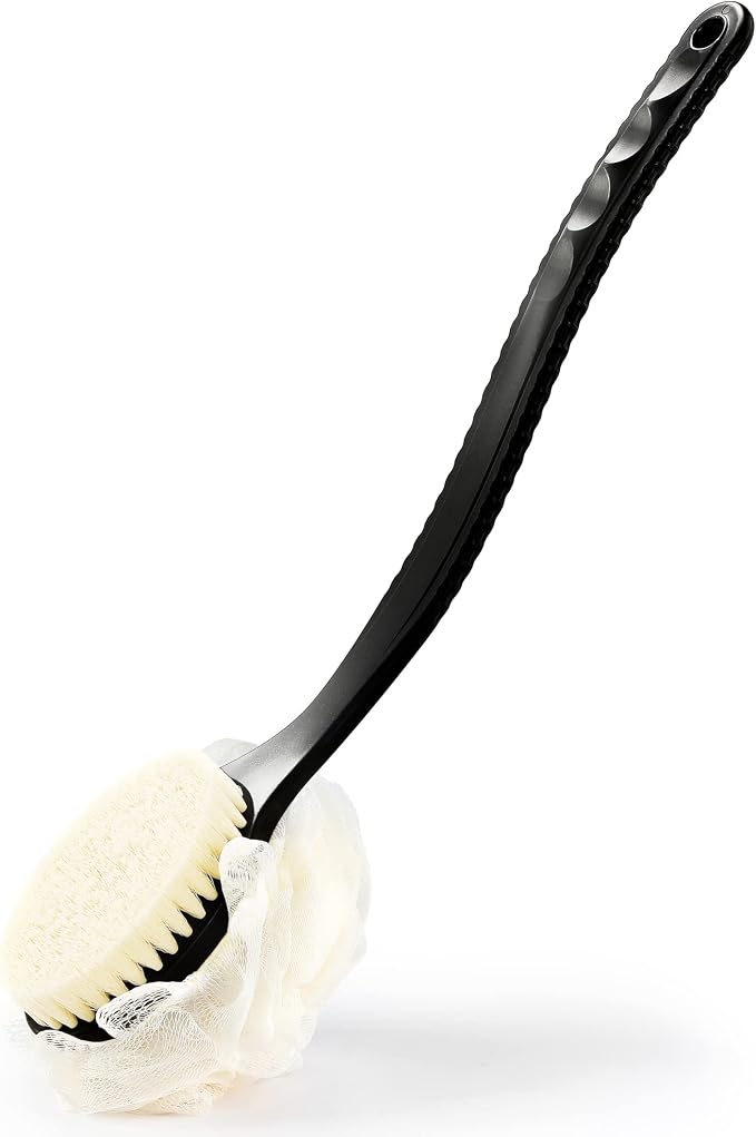Shower Body Brush Bristles & Mesh Loofah Sponge,Curved Handle Back Scrubber | Long Handle Bath Brush with Mesh Sponge for Skin Exfoliating,Massage Bristles Suitable for Wet or Dry,Men & Women(Black)
