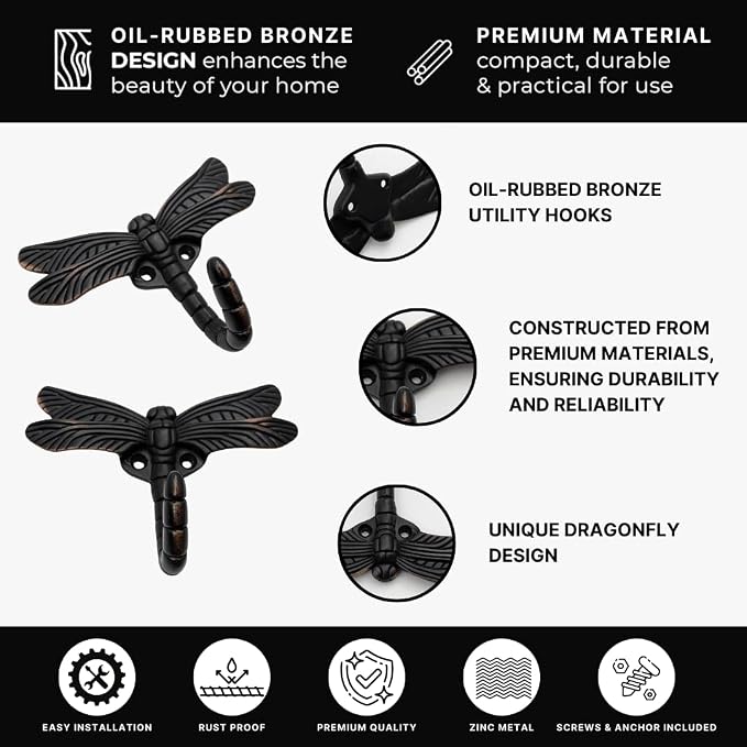 6 pcs Oil Rubbed Bronze Dragonfly Decorative Wall Hooks for Hanging Coats, Keys, Towels, Bags, and More