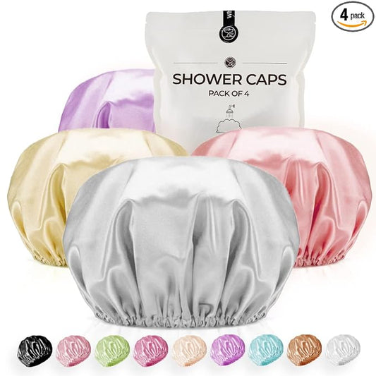 Shower Caps Satin Lined Waterproof for Women Men - 4Pc Pastel Mixed Colors | Double Layer 100 Percent Dry Jumbo Oversized Fits Thick Hair Smooth Lining Prevents Hair Frizz Snug Elastic Band No Pressure