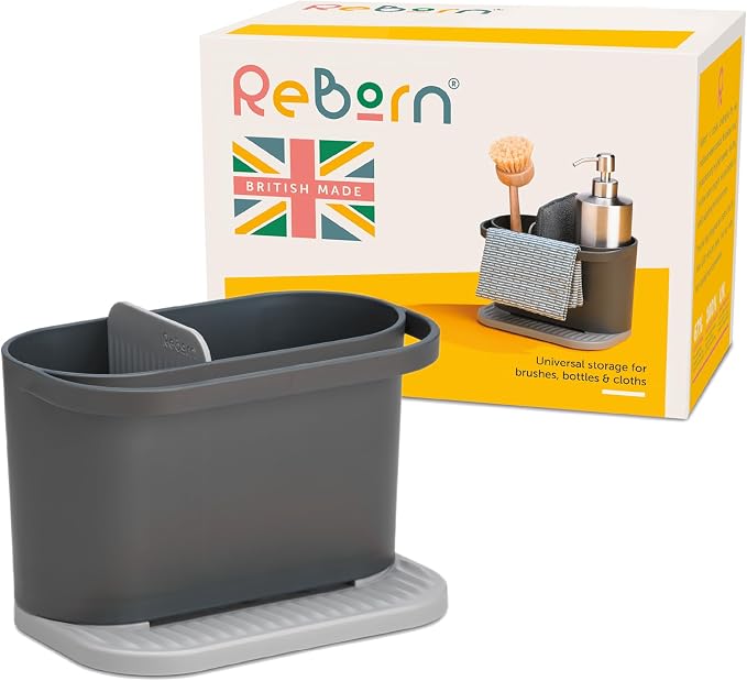 ReBorn Recycled Sink Organizer, Kitchen Sink Organizer, Two Main Compartments, Integrated Dish Cloth Rail, Ribbed and Sloped Base for Draining, Would Made in UK (Dark Grey)