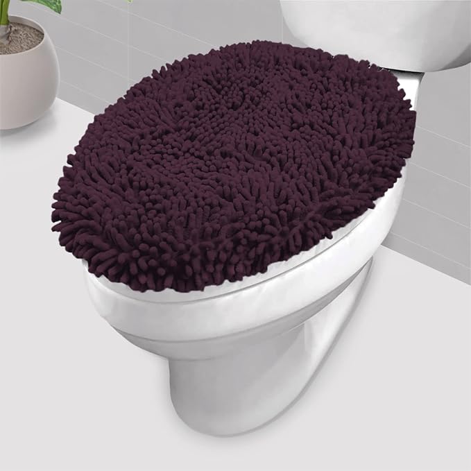 LuxUrux Toilet Lid Cover, Extra-Soft Plush Seat Washable Shaggy Microfiber Standard Toilet Lid Covers for Bathroom Machine Wash & Dry. (18 x 21 inches, Plum)