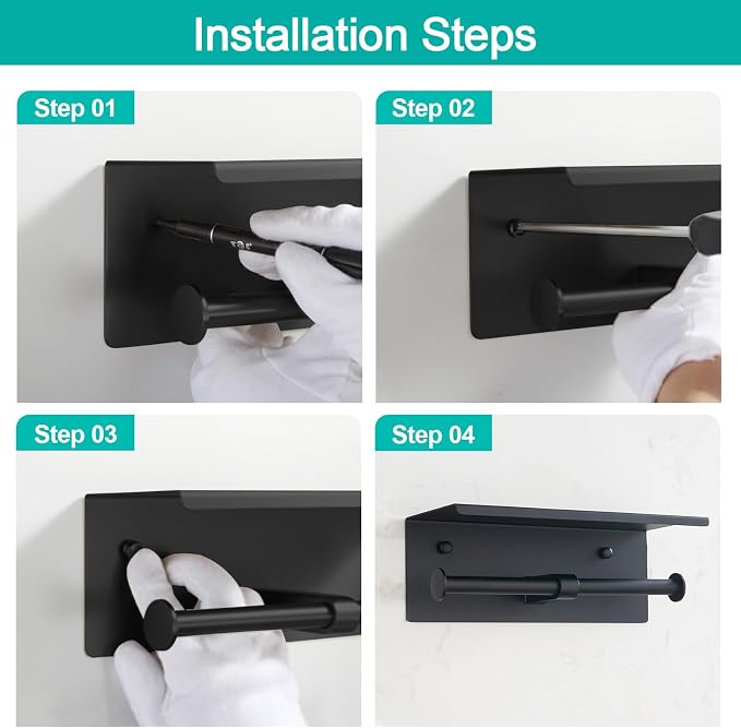 BGL Toilet Paper Holder with Shelf Matte Black, 304 Stainless Steel Wall Mount Toilet Tissue Roll Holder with Double Post for Bathroom, Commercial Toilet Paper Dispenser with Phone Shelf