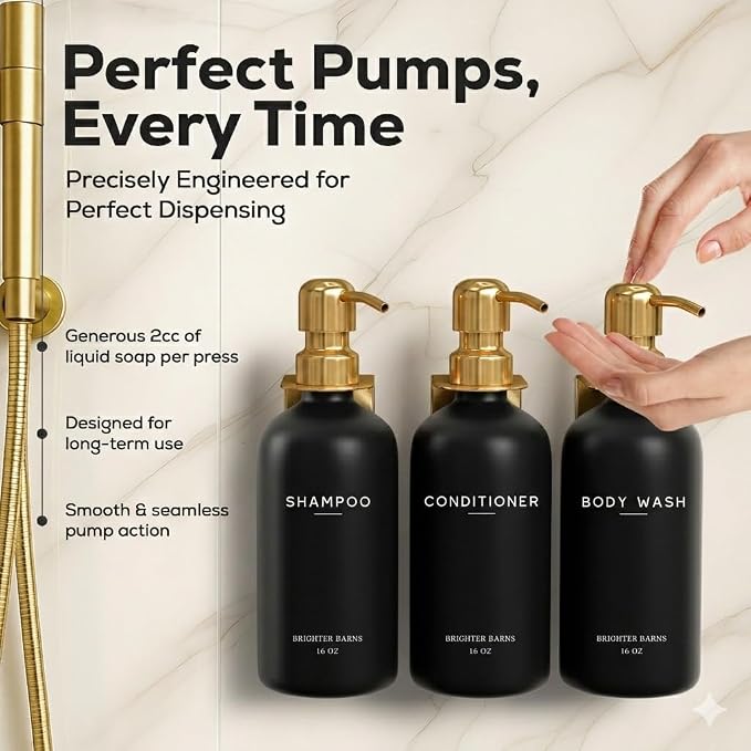 Luxury Shampoo and Conditioner Dispenser Set Wall Mounted by Brighter Barns - Refillable Shower Shampoo Dispenser and Stainless Steel Pumps - Modern Bathroom Decor for Guest House, Airbnb (Black Gold)